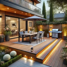 Beautifully designed outdoor deck made from Trex decking with seating area, plants, and modern lighting in a lush garden.