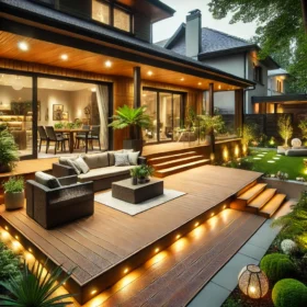 Beautifully designed outdoor deck made from Trex decking with seating area, plants, and modern lighting in a lush garden.