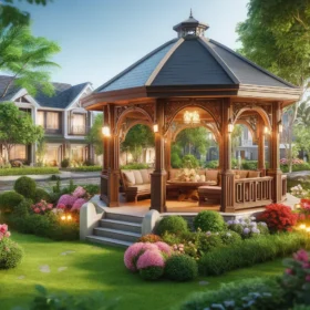 High-quality camera image of a charming residential gazebo in a lush garden setting, surrounded by vibrant greenery and colorful flowers.