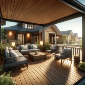 Covered residential deck with modern outdoor furniture and potted plants on a sunny day.