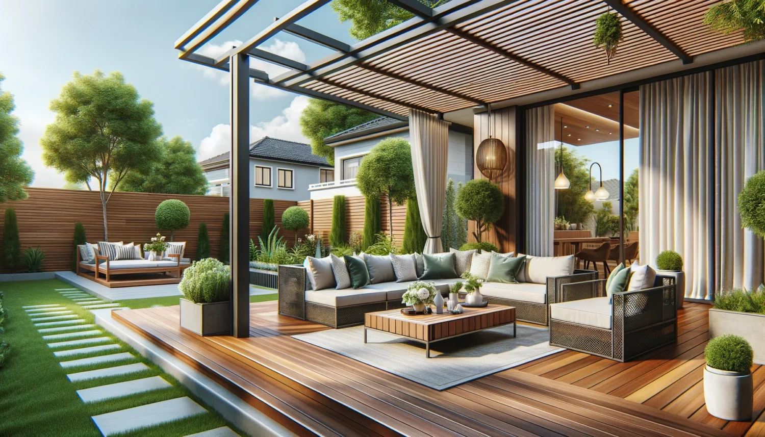 Modern backyard deck with wooden flooring, sectional sofa, and lush greenery under a pergola