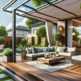 Modern backyard deck with wooden flooring, sectional sofa, and lush greenery under a pergola