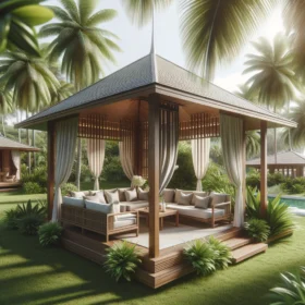 Cabana in a tropical setting with elegant wooden architecture, stylish furniture, and lush greenery.