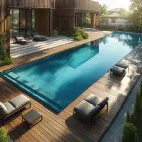 Luxurious residential pool with high-quality wooden surroundings and modern sleek furniture on a sunny day.