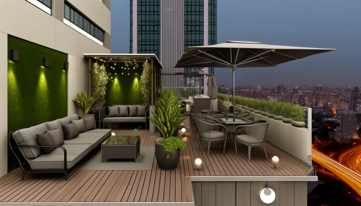 Luxurious rooftop deck with modern furniture, green potted plants, and a panoramic city skyline view