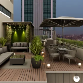 Luxurious rooftop deck with modern furniture, green potted plants, and a panoramic city skyline view