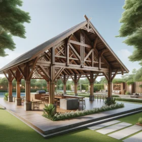 A spacious wooden pavilion in a lush garden, featuring intricate wooden beams, a pitched roof, and a comfortable outdoor seating area.