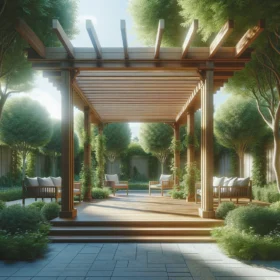 Wooden pergola surrounded by lush greenery on a sunny day.