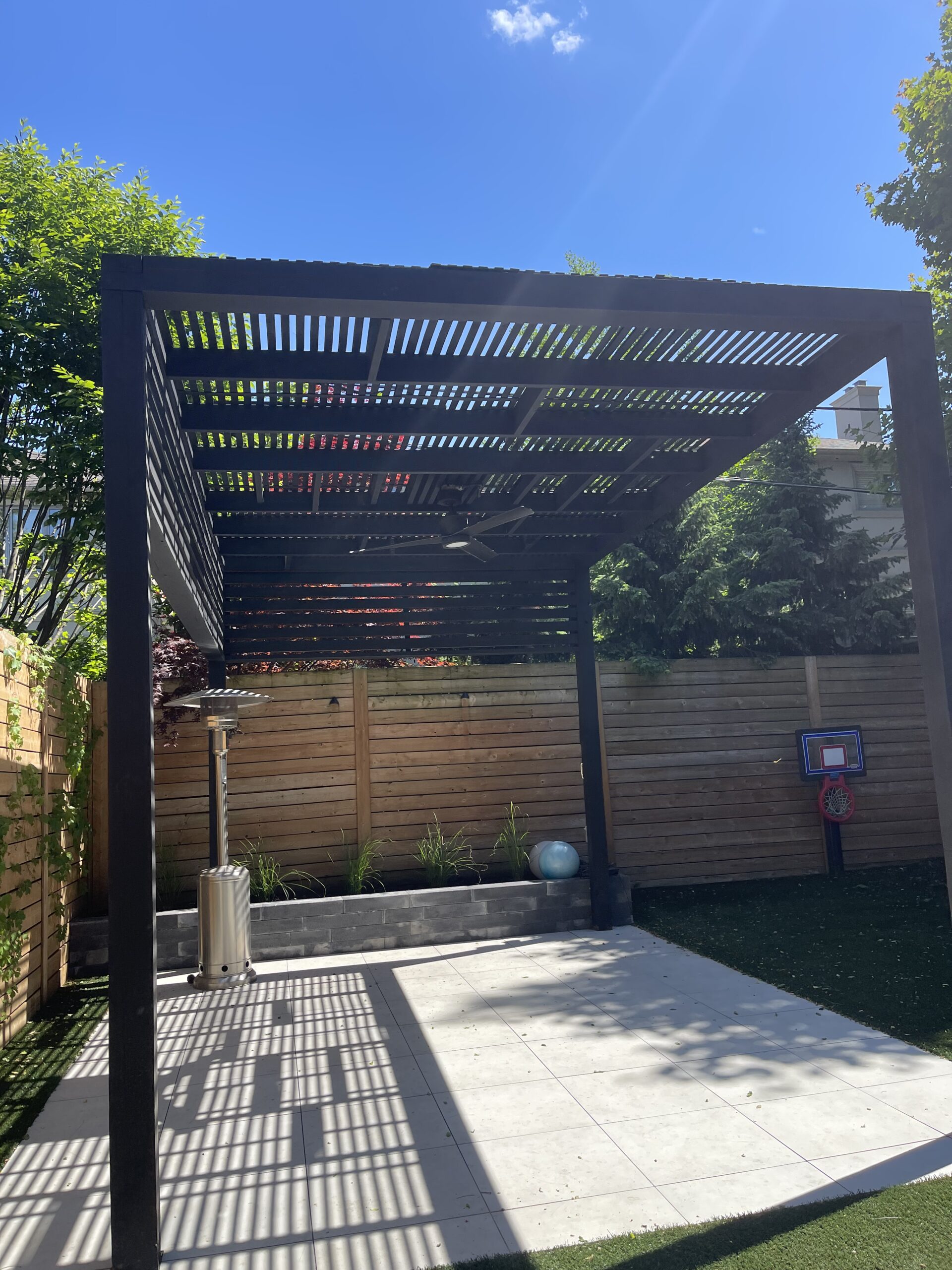 Full backyard renovation featuring a hot tub deck, pergola, and privacy fence in Nortown, Toronto.