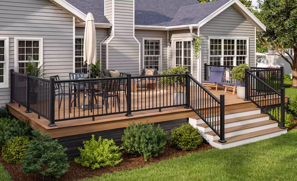Modern craftsman-style home with wraparound porch and stone details.