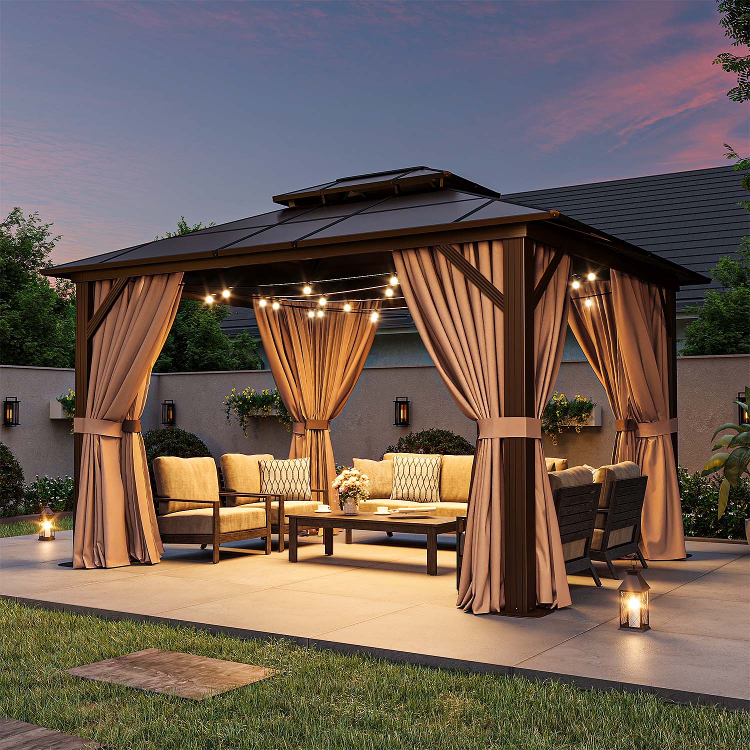 Gazebo with shingled roof in a landscaped garden.