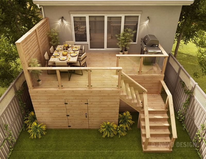 Modern elevated wooden backyard deck with dining area, privacy wall, stairs, and built-in storage