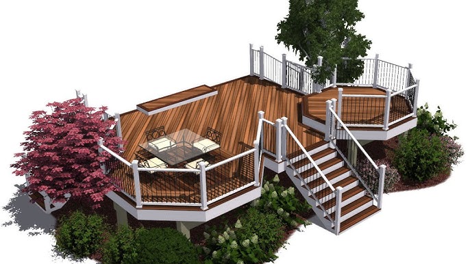 3D rendering of a multi-level backyard deck with white railings, stairs, and seating areas