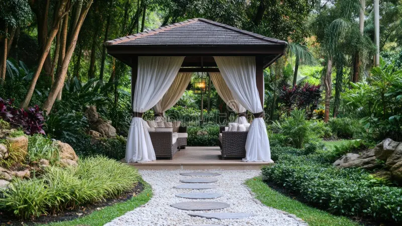 Gazebo with shingled roof in a landscaped garden surrounded by greenery.