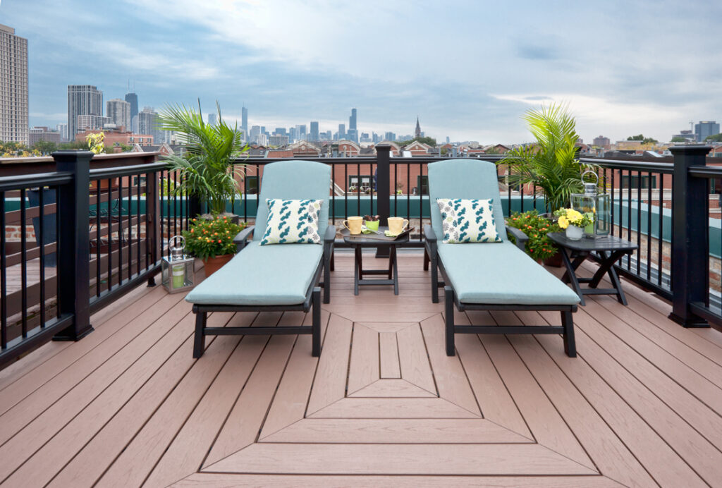 Modern rooftop deck with lounge chairs, potted plants, and city skyline views.
