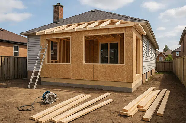 Home addition under construction with wooden framing, plywood walls, and building materials on site.