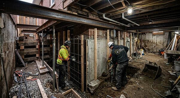 Construction crew digging and reinforcing foundation walls for a basement underpinning project in Toronto
