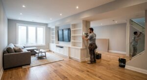 Contractor building custom shelving during a basement renovation in Toronto