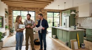 Home renovation trends consultation with Jacko Contracting team reviewing blueprints in a modern kitchen.
