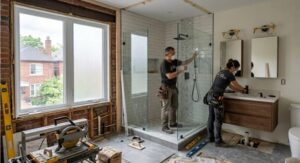 Contractors from Jacko Contracting renovating a modern bathroom in a Toronto home
