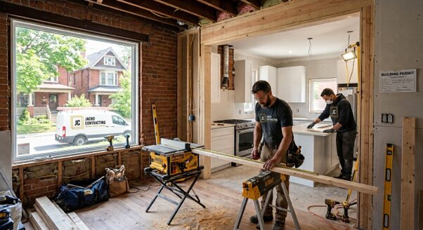 Carpenters cutting wood and framing a new wall for a Toronto home remodel