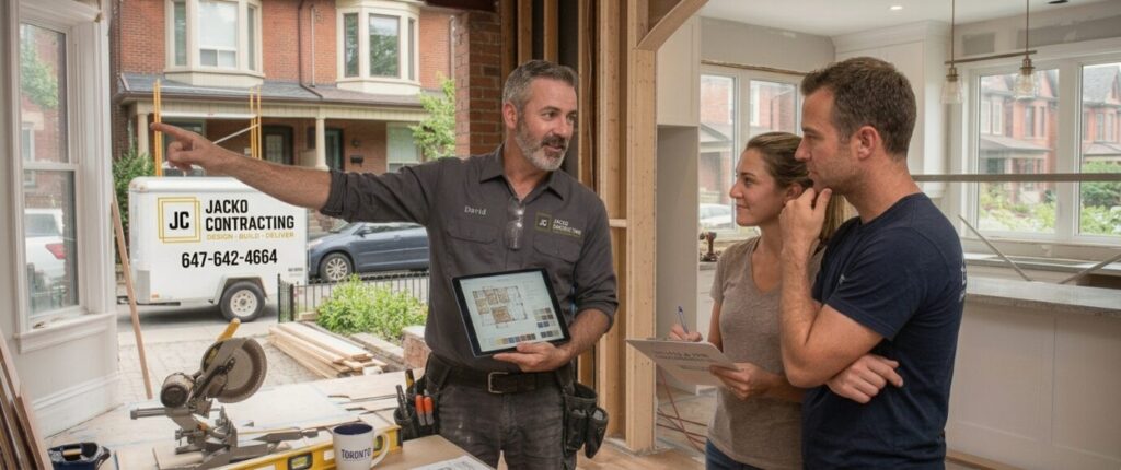 Jacko Contracting renovation expert providing design advice to homeowners on-site in Toronto.