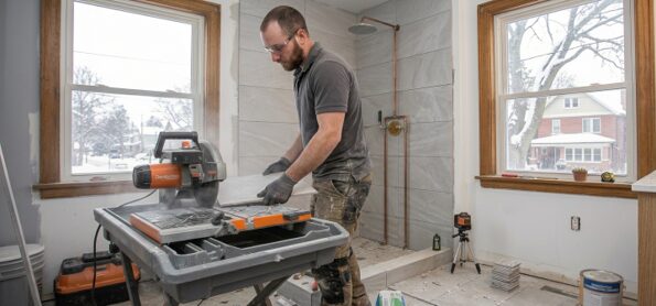 Jacko contractor cutting tile for a modern shower for bathroom remodel in Toronto