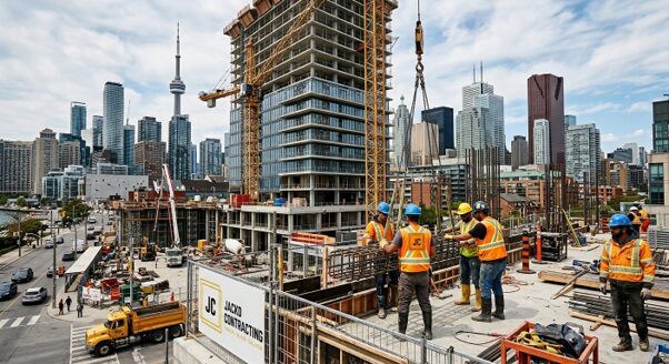 Construction workers from Jacko Contracting are building tall buildings along the Toronto skyline.