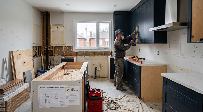 A Jacko Contracting worker is Renovates cabinets in a Toronto kitchen.