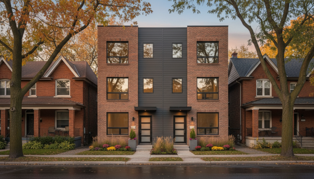 Modern three-storey brick fourplex between older houses on a Toronto residential street