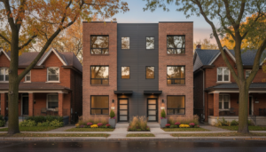 Modern three-storey brick fourplex between older houses on a Toronto residential street