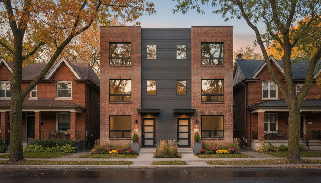 Modern three-storey brick fourplex between older houses on a Toronto residential street