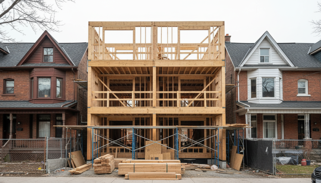 Wood framing of a three-storey multiplex under construction on a narrow Toronto lot