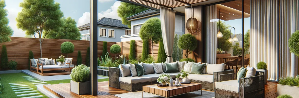 Modern backyard deck with wooden flooring, sectional sofa, and lush greenery under a pergola