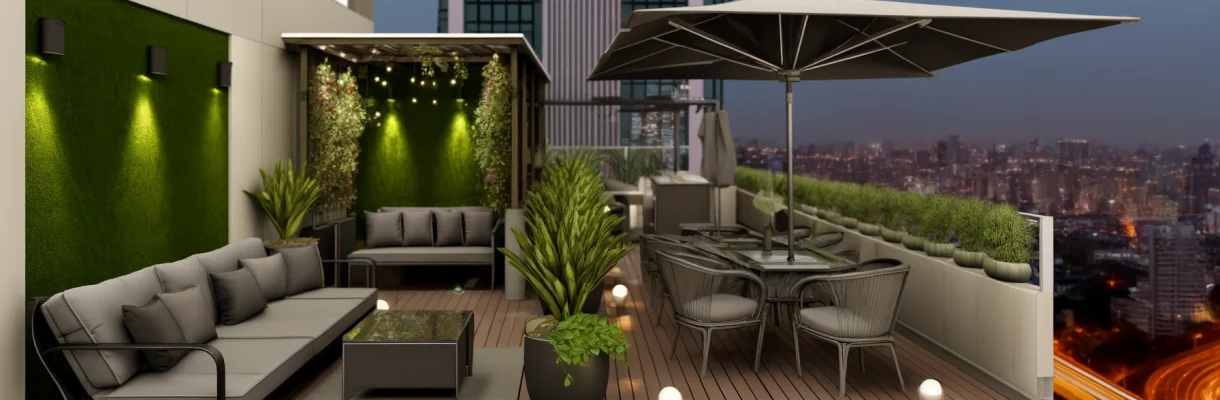 Luxurious rooftop deck with modern furniture, green potted plants, and a panoramic city skyline view